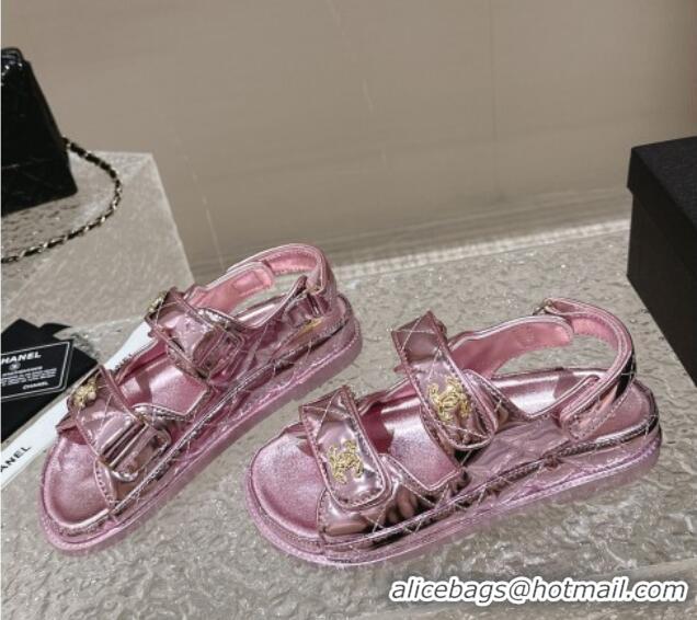 Best Product Chanel Calfskin Strap Sandals with Metal-Tone CC Pink 322074