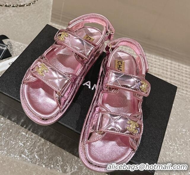 Best Product Chanel Calfskin Strap Sandals with Metal-Tone CC Pink 322074