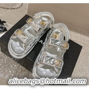 Classic Hot Chanel Calfskin Strap Sandals with Metal-Tone CC Silver 322077