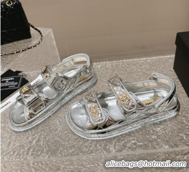 Classic Hot Chanel Calfskin Strap Sandals with Metal-Tone CC Silver 322077