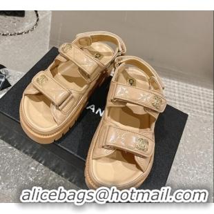 Best Grade Chanel Calfskin Platform Strap Sandals with Metal-Tone CC Beige 322078