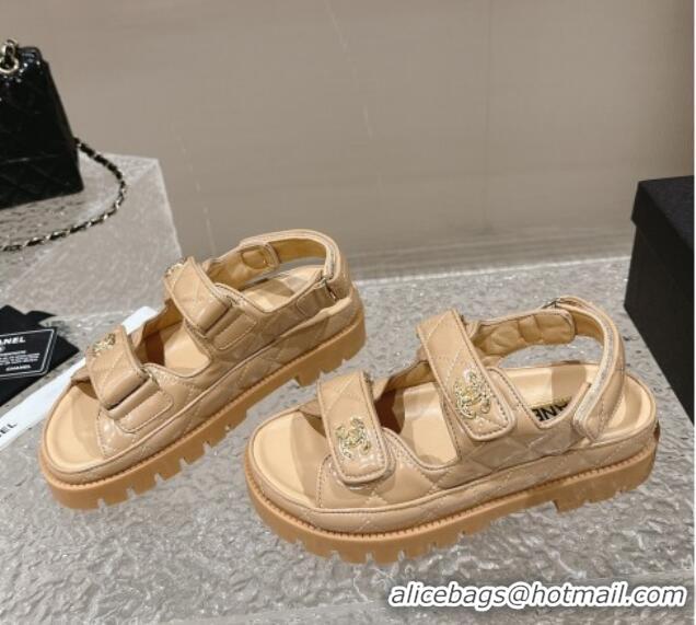 Best Grade Chanel Calfskin Platform Strap Sandals with Metal-Tone CC Beige 322078