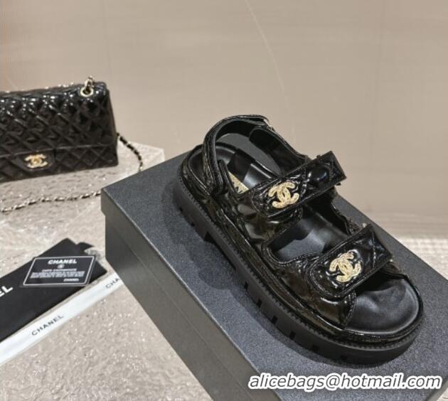 Purchase Chanel Calfskin Platform Strap Sandals with Metal-Tone CC Black 322079