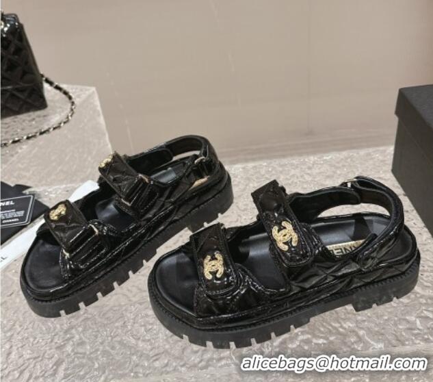 Purchase Chanel Calfskin Platform Strap Sandals with Metal-Tone CC Black 322079