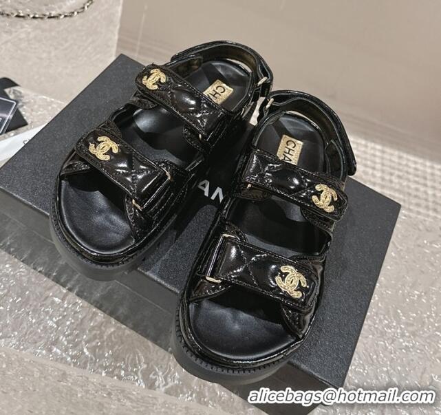 Purchase Chanel Calfskin Platform Strap Sandals with Metal-Tone CC Black 322079