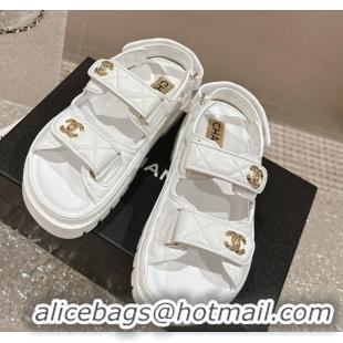 Popular Style Chanel Calfskin Platform Strap Sandals with Metal-Tone CC White 322080