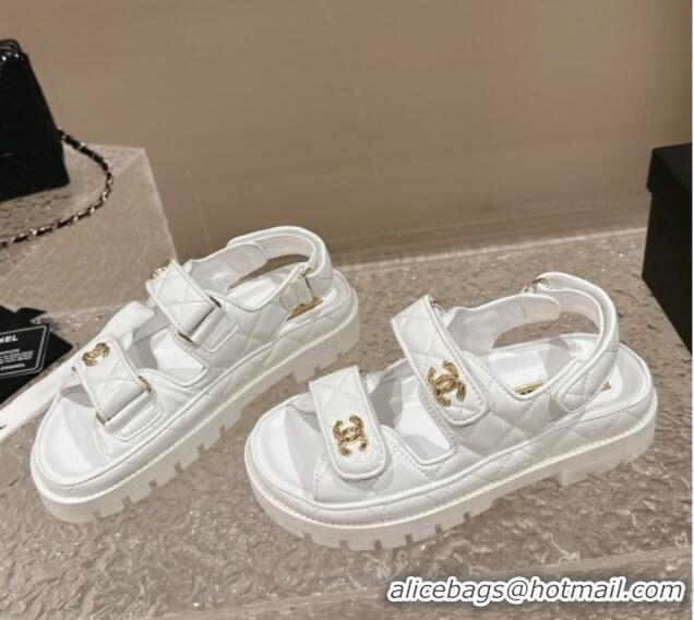 Popular Style Chanel Calfskin Platform Strap Sandals with Metal-Tone CC White 322080