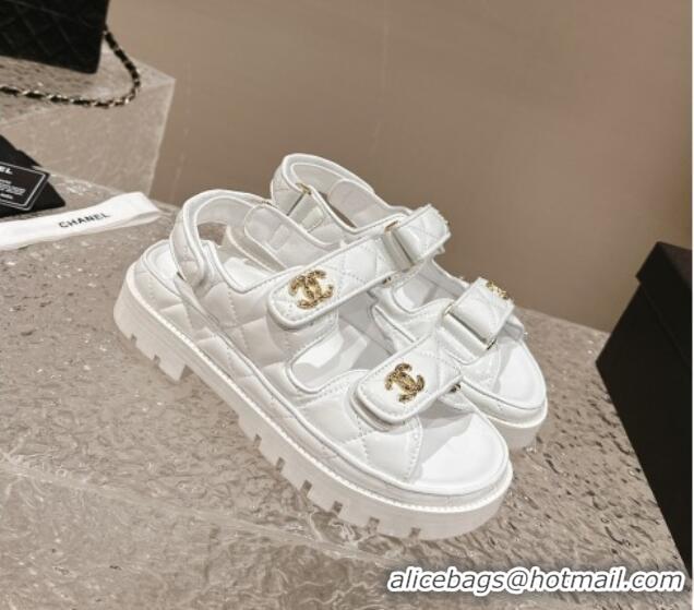 Popular Style Chanel Calfskin Platform Strap Sandals with Metal-Tone CC White 322080