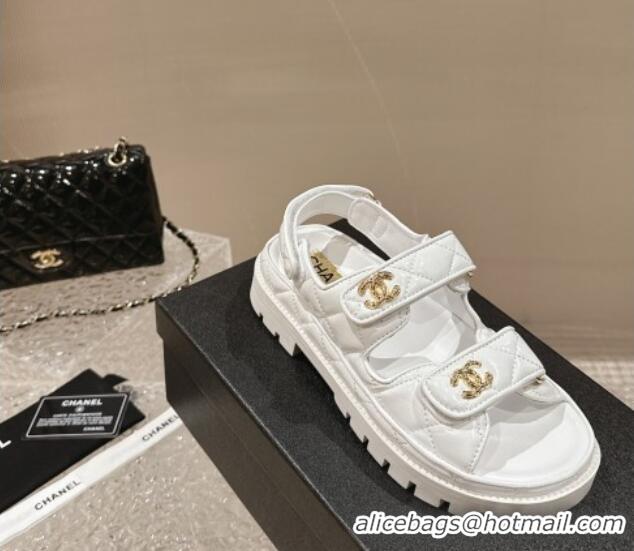 Popular Style Chanel Calfskin Platform Strap Sandals with Metal-Tone CC White 322080