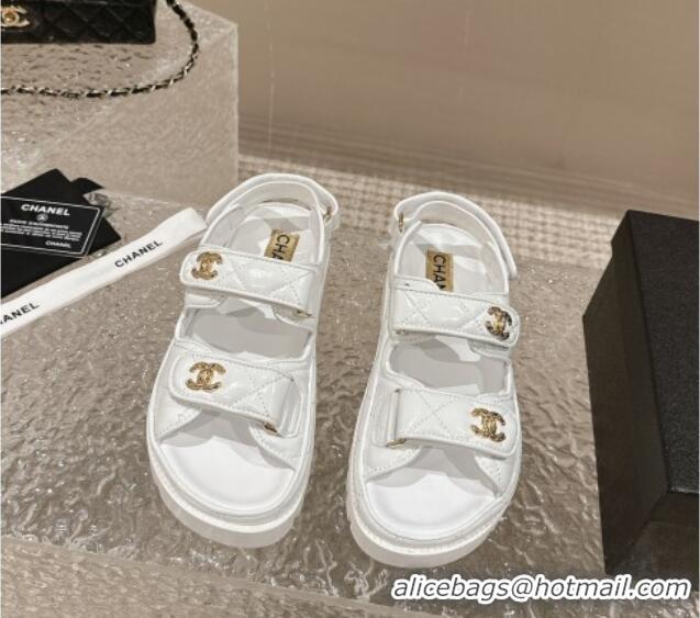 Popular Style Chanel Calfskin Platform Strap Sandals with Metal-Tone CC White 322080