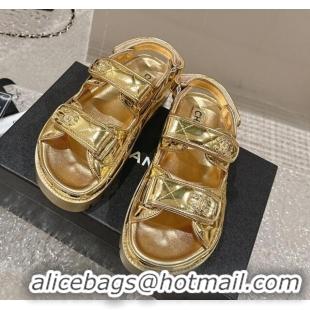 Top Design Chanel Calfskin Platform Strap Sandals with Metal-Tone CC Gold 0322082