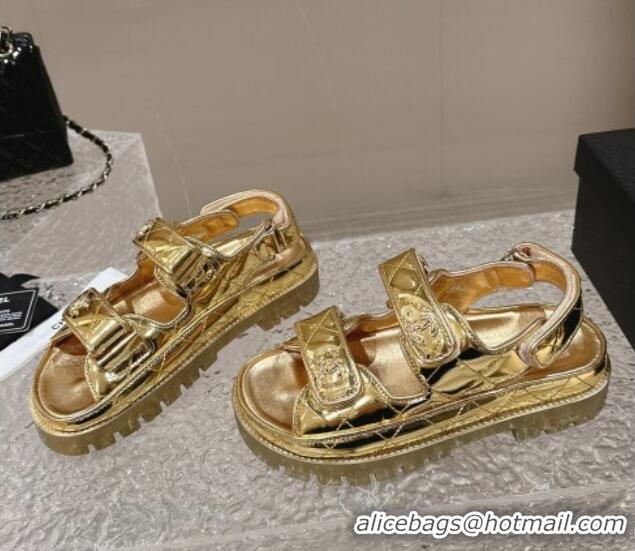 Top Design Chanel Calfskin Platform Strap Sandals with Metal-Tone CC Gold 0322082