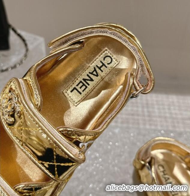 Top Design Chanel Calfskin Platform Strap Sandals with Metal-Tone CC Gold 0322082