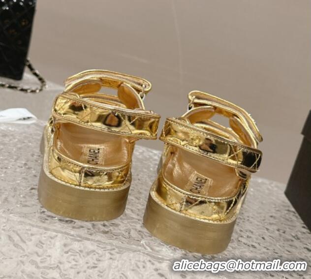 Top Design Chanel Calfskin Platform Strap Sandals with Metal-Tone CC Gold 0322082