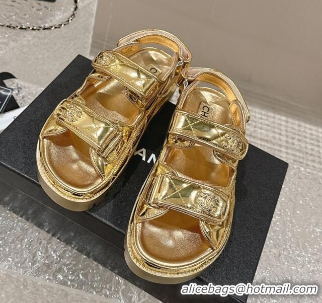 Top Design Chanel Calfskin Platform Strap Sandals with Metal-Tone CC Gold 0322082