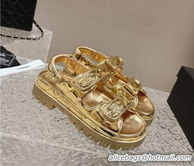 Top Design Chanel Calfskin Platform Strap Sandals with Metal-Tone CC Gold 0322082