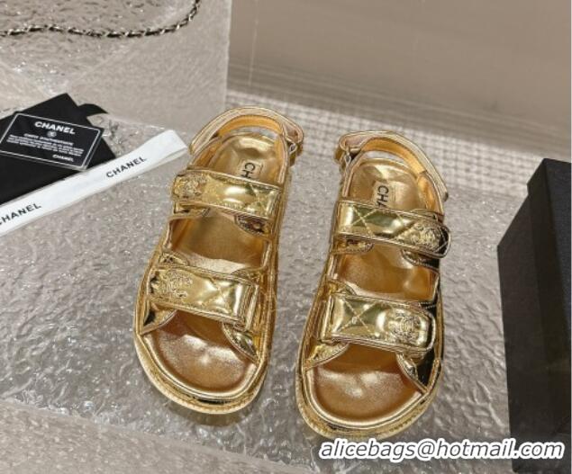 Top Design Chanel Calfskin Platform Strap Sandals with Metal-Tone CC Gold 0322082