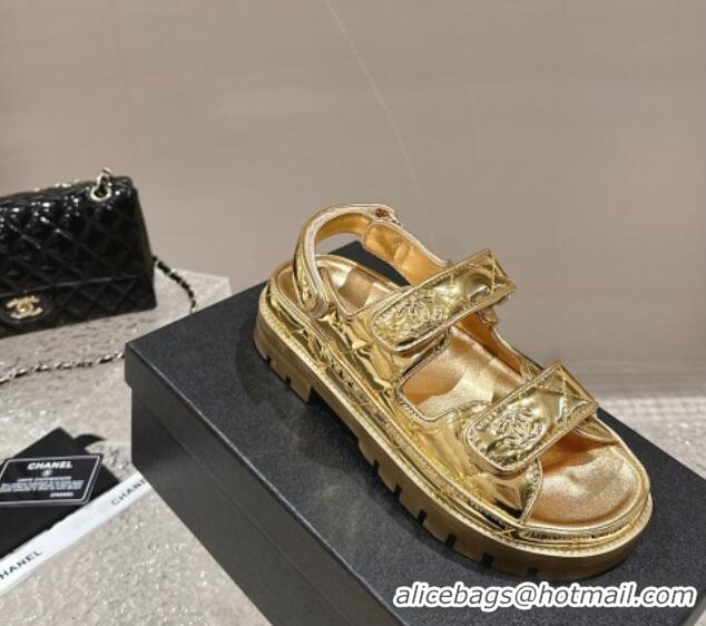 Top Design Chanel Calfskin Platform Strap Sandals with Metal-Tone CC Gold 0322082