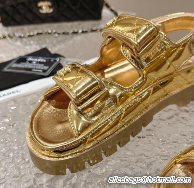 Top Design Chanel Calfskin Platform Strap Sandals with Metal-Tone CC Gold 0322082