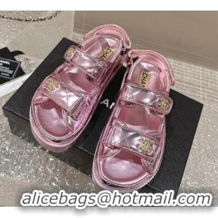 Top Grade Chanel Calfskin Platform Strap Sandals with Metal-Tone CC Pink 322083