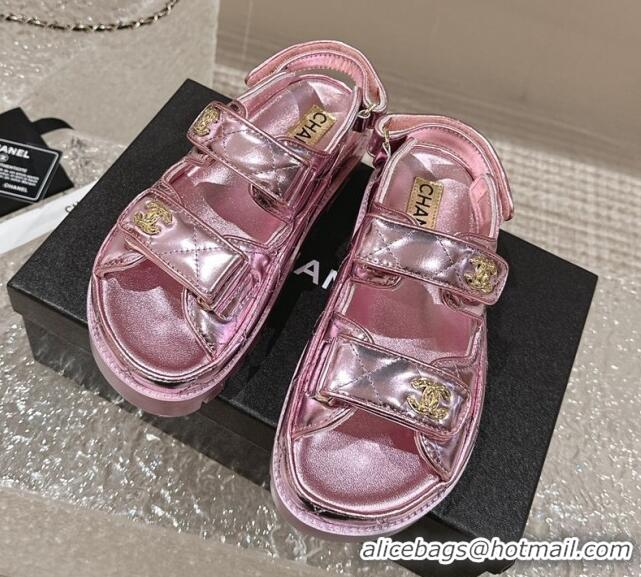 Top Grade Chanel Calfskin Platform Strap Sandals with Metal-Tone CC Pink 322083