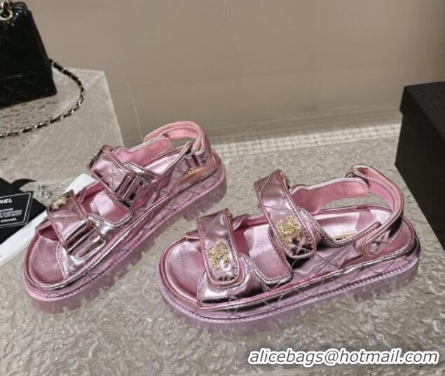 Top Grade Chanel Calfskin Platform Strap Sandals with Metal-Tone CC Pink 322083