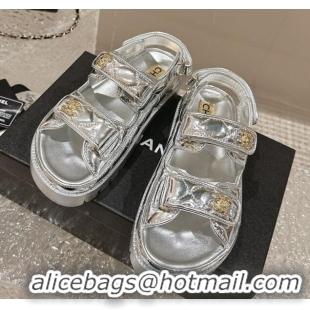 Discount Chanel Calfskin Platform Strap Sandals with Metal-Tone CC Silver 322084