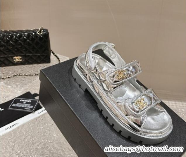 Discount Chanel Calfskin Platform Strap Sandals with Metal-Tone CC Silver 322084