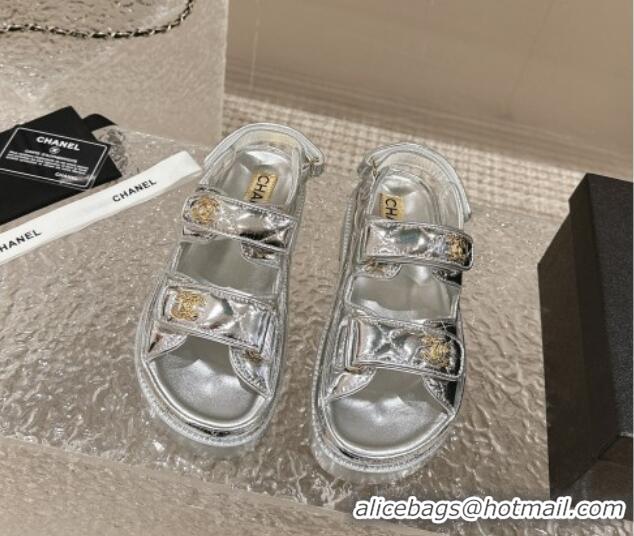 Discount Chanel Calfskin Platform Strap Sandals with Metal-Tone CC Silver 322084