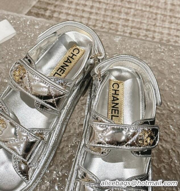 Discount Chanel Calfskin Platform Strap Sandals with Metal-Tone CC Silver 322084