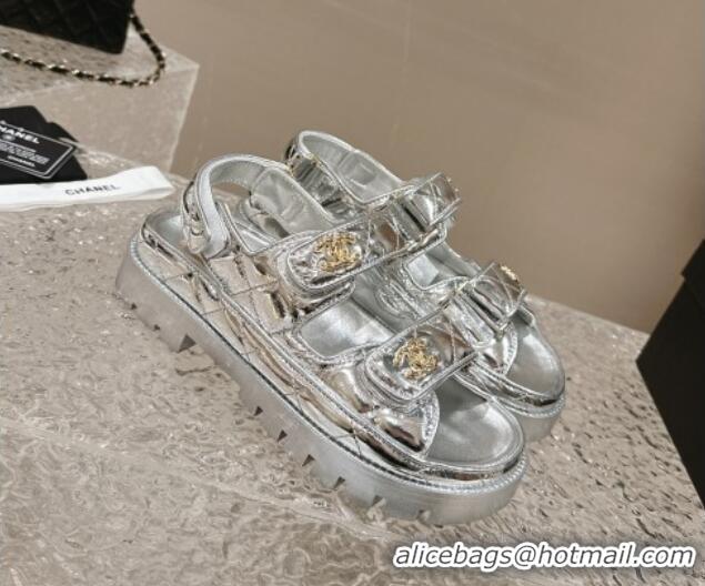 Discount Chanel Calfskin Platform Strap Sandals with Metal-Tone CC Silver 322084