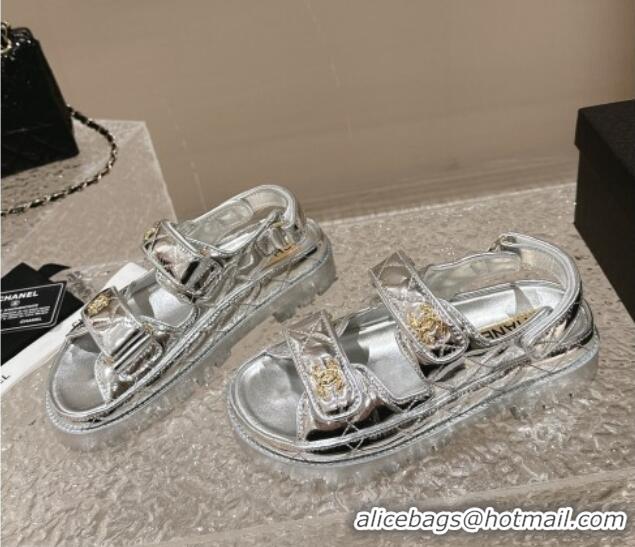 Discount Chanel Calfskin Platform Strap Sandals with Metal-Tone CC Silver 322084