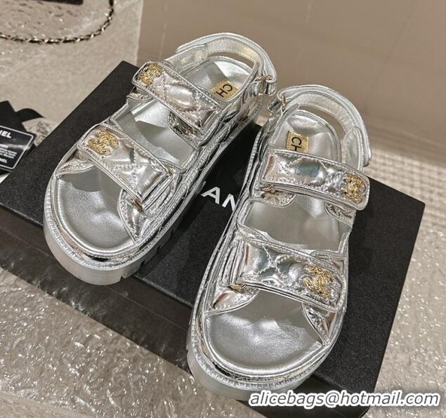 Discount Chanel Calfskin Platform Strap Sandals with Metal-Tone CC Silver 322084