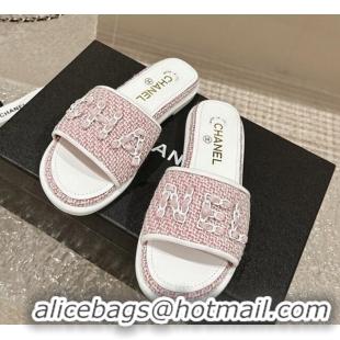 Unique Style Chanel Tweed Flat Slide Sandals with Chain Logo Pink 322085