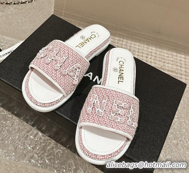 Unique Style Chanel Tweed Flat Slide Sandals with Chain Logo Pink 322085