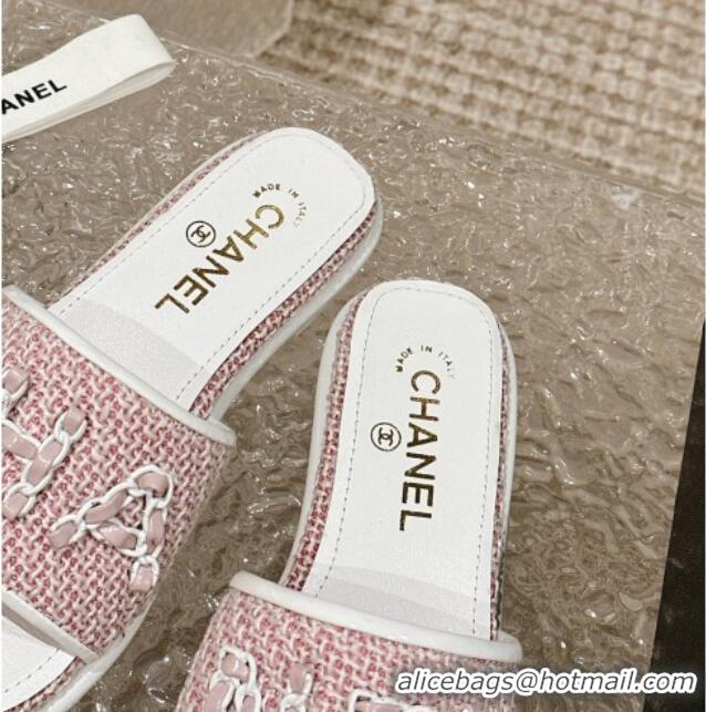 Unique Style Chanel Tweed Flat Slide Sandals with Chain Logo Pink 322085