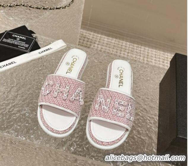 Unique Style Chanel Tweed Flat Slide Sandals with Chain Logo Pink 322085