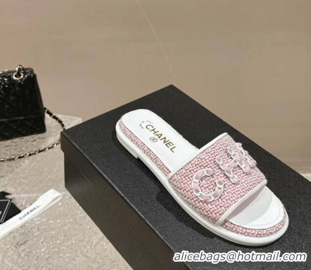 Unique Style Chanel Tweed Flat Slide Sandals with Chain Logo Pink 322085