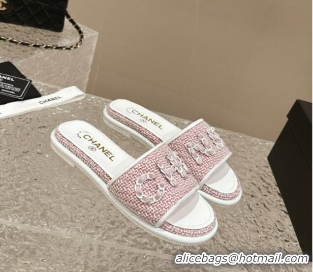 Unique Style Chanel Tweed Flat Slide Sandals with Chain Logo Pink 322085