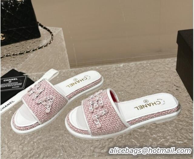 Unique Style Chanel Tweed Flat Slide Sandals with Chain Logo Pink 322085