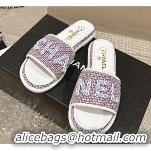 Pretty Style Chanel Tweed Flat Slide Sandals with Chain Logo Purple 322086