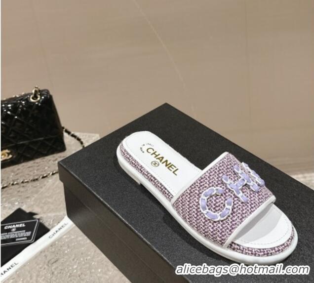 Pretty Style Chanel Tweed Flat Slide Sandals with Chain Logo Purple 322086