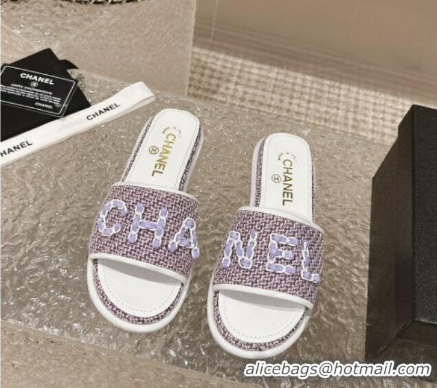 Pretty Style Chanel Tweed Flat Slide Sandals with Chain Logo Purple 322086