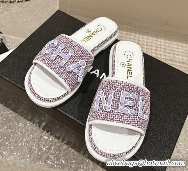 Pretty Style Chanel Tweed Flat Slide Sandals with Chain Logo Purple 322086