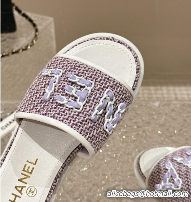 Pretty Style Chanel Tweed Flat Slide Sandals with Chain Logo Purple 322086