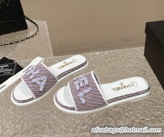 Pretty Style Chanel Tweed Flat Slide Sandals with Chain Logo Purple 322086