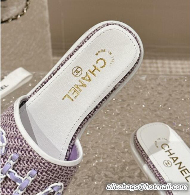 Pretty Style Chanel Tweed Flat Slide Sandals with Chain Logo Purple 322086