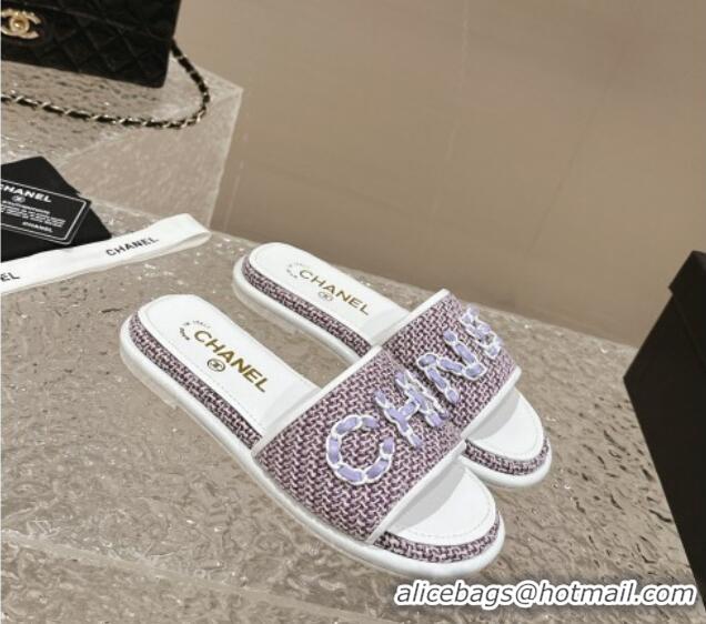 Pretty Style Chanel Tweed Flat Slide Sandals with Chain Logo Purple 322086