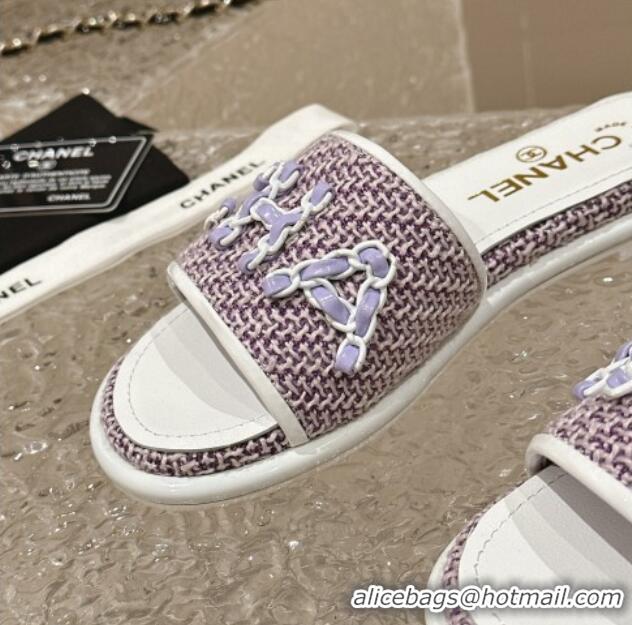 Pretty Style Chanel Tweed Flat Slide Sandals with Chain Logo Purple 322086