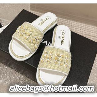 Best Product Chanel Tweed Flat Slide Sandals with Chain Logo Yellow 322087